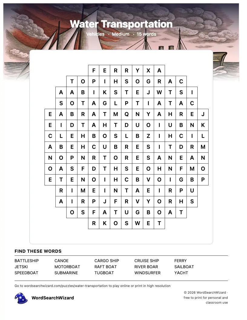 Water Transportation word search printable sheet, 15 words to find