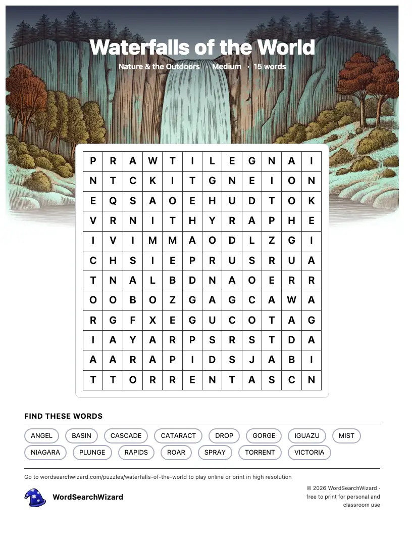 Waterfalls of the World word search printable sheet, 15 words to find