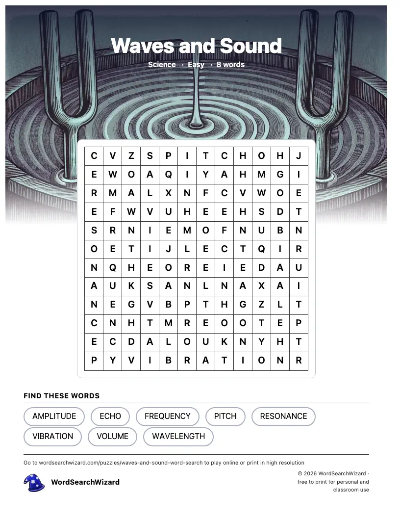 Waves and Sound word search printable sheet, 8 words to find
