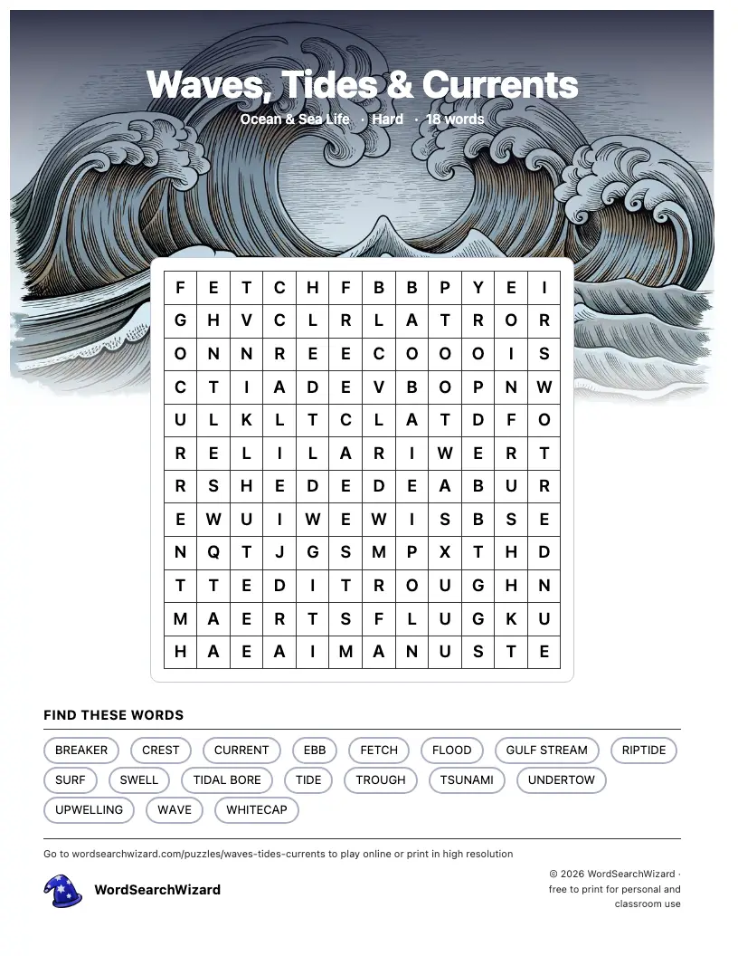Waves, Tides & Currents word search printable sheet, 18 words to find
