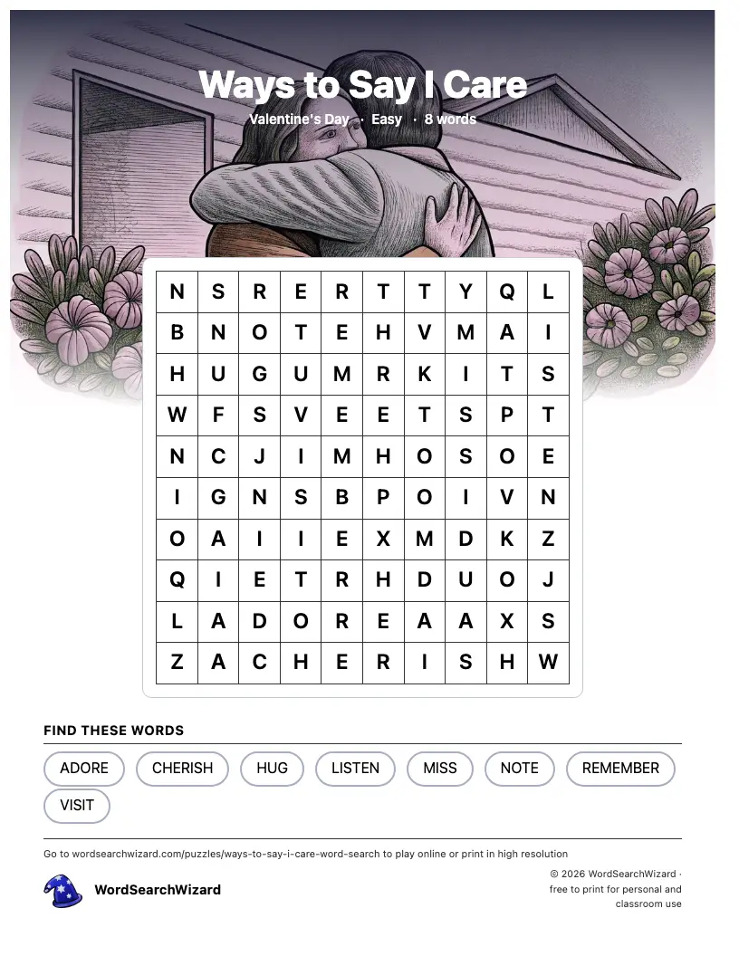 Ways to Say I Care word search printable sheet, 8 words to find