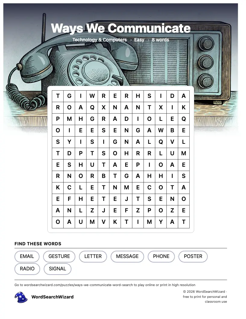 Ways We Communicate word search printable sheet, 8 words to find