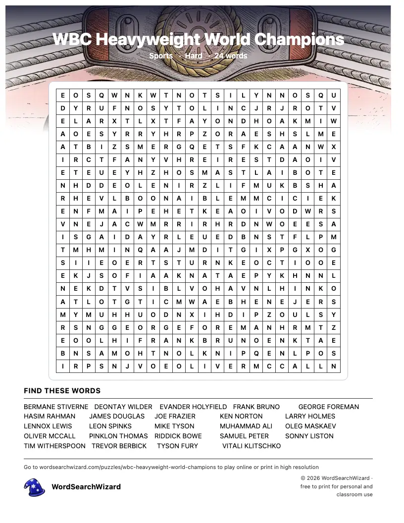 WBC Heavyweight World Champions word search printable sheet, 24 words to find