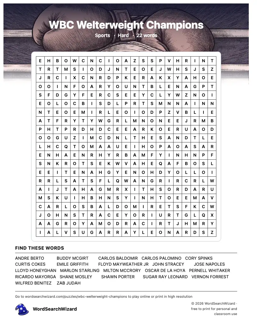 WBC Welterweight Champions word search printable sheet, 22 words to find
