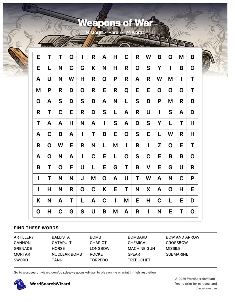 Weapons of War word search printable sheet, 24 words to find