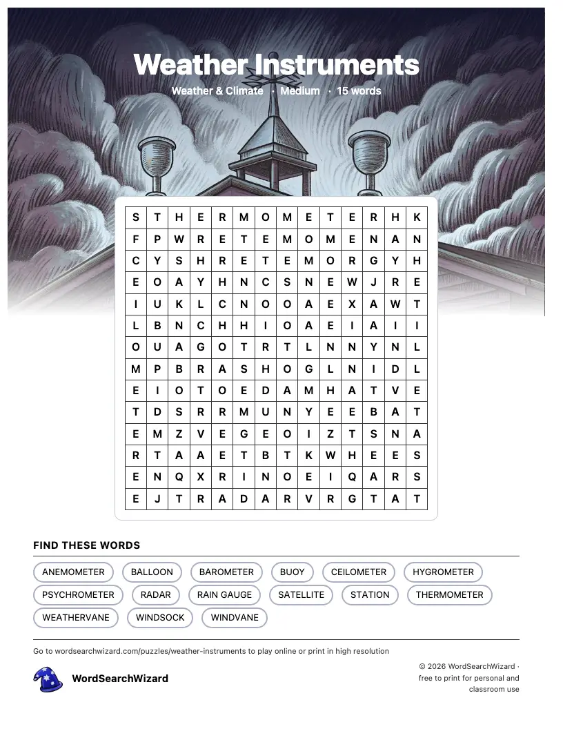 Weather Instruments word search printable sheet, 15 words to find