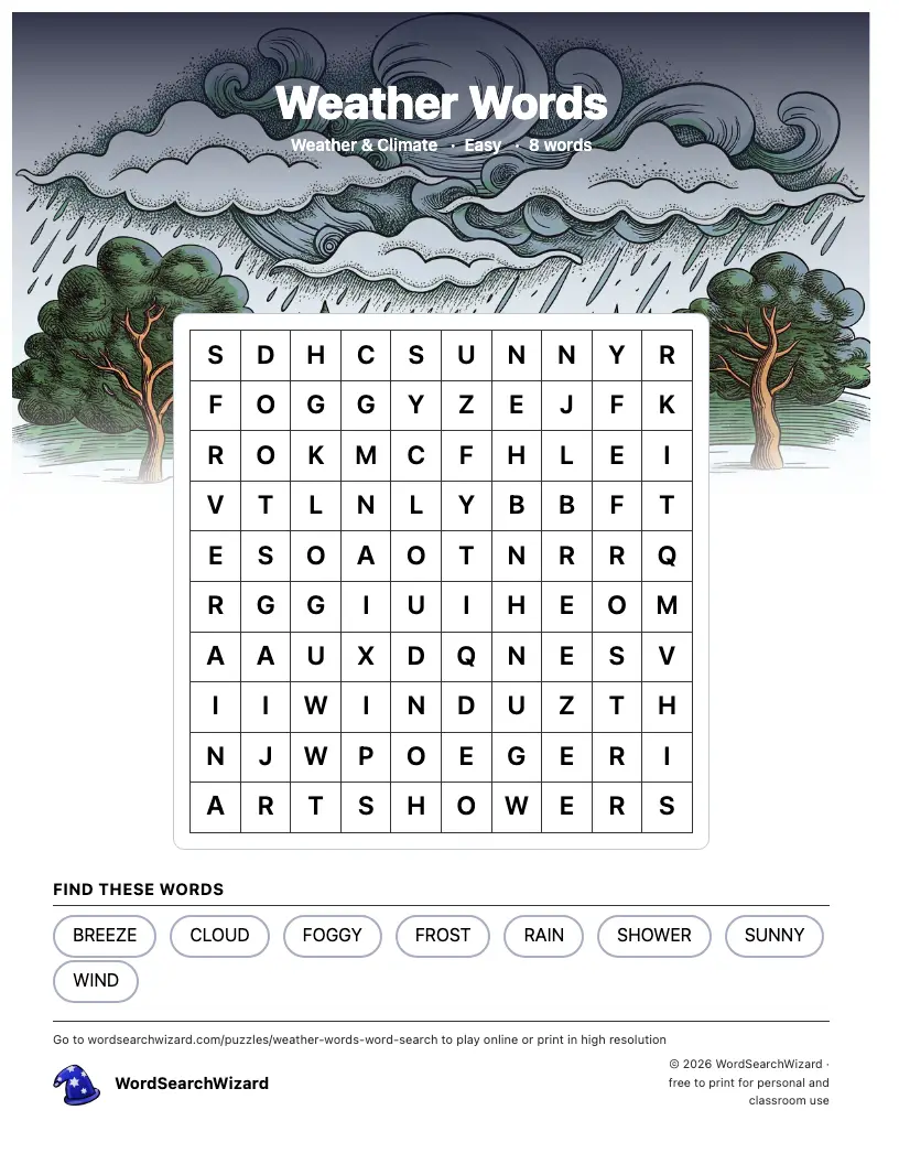 Weather Words word search printable sheet, 8 words to find