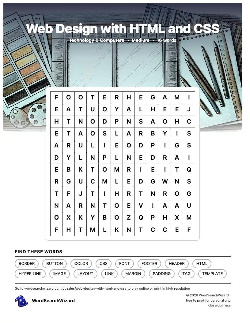 Web Design with HTML and CSS word search printable sheet, 16 words to find
