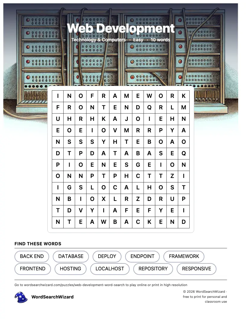 Web Development word search printable sheet, 10 words to find