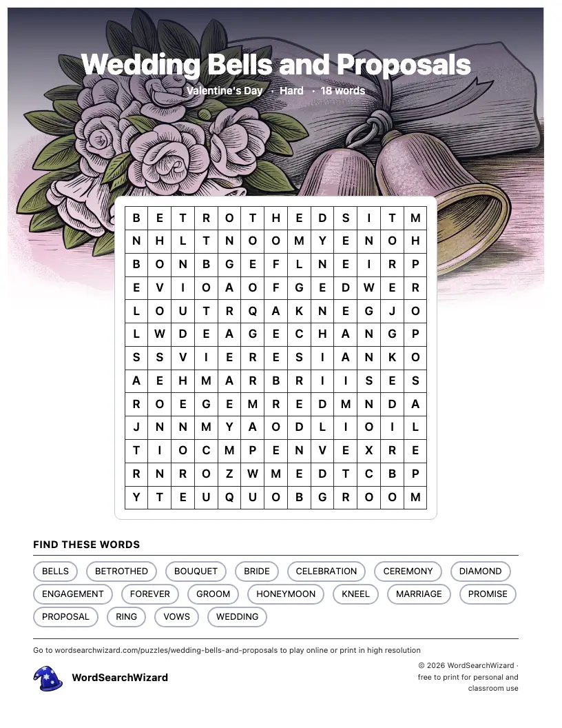 Wedding Bells and Proposals word search printable sheet, 18 words to find