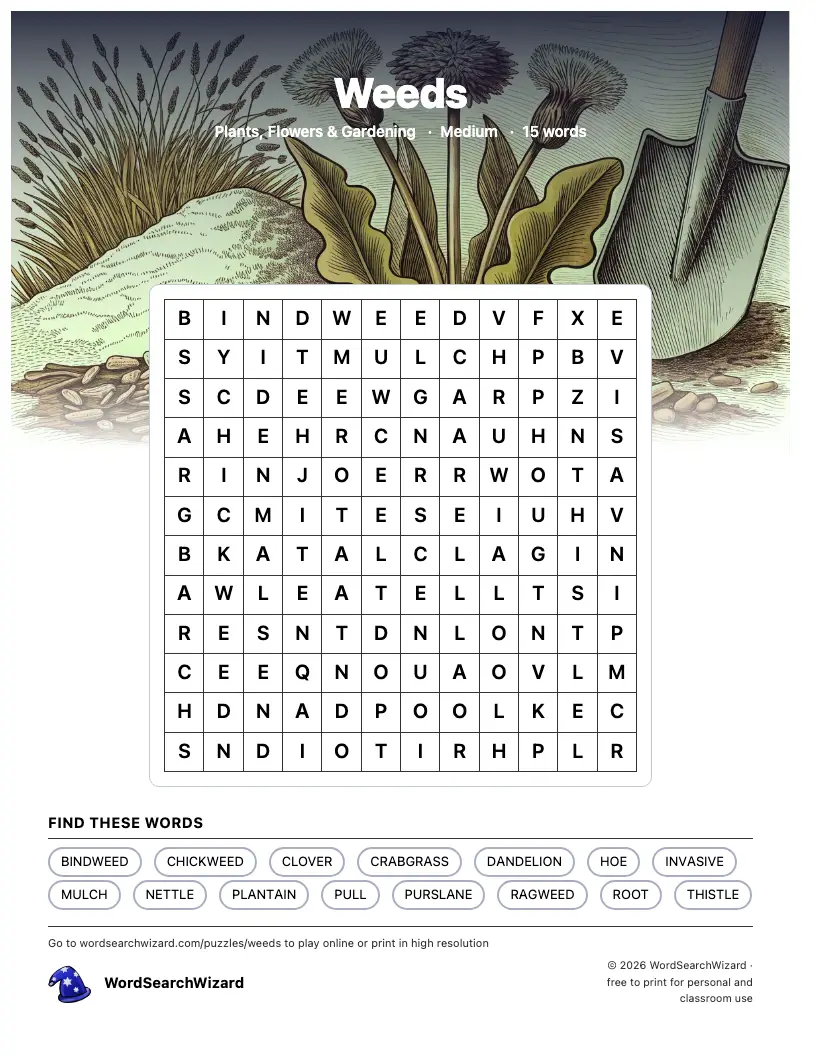 Weeds word search printable sheet, 15 words to find