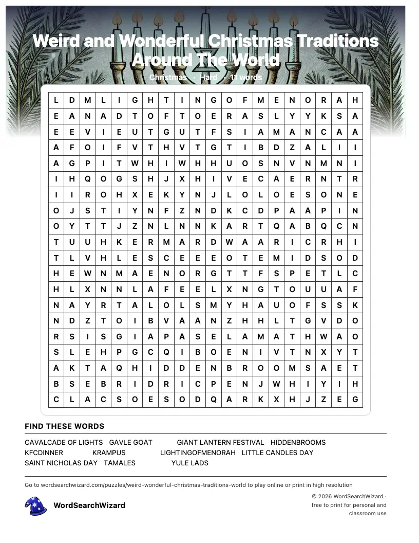 Weird and Wonderful Christmas Traditions Around The World word search printable sheet, 11 words to find