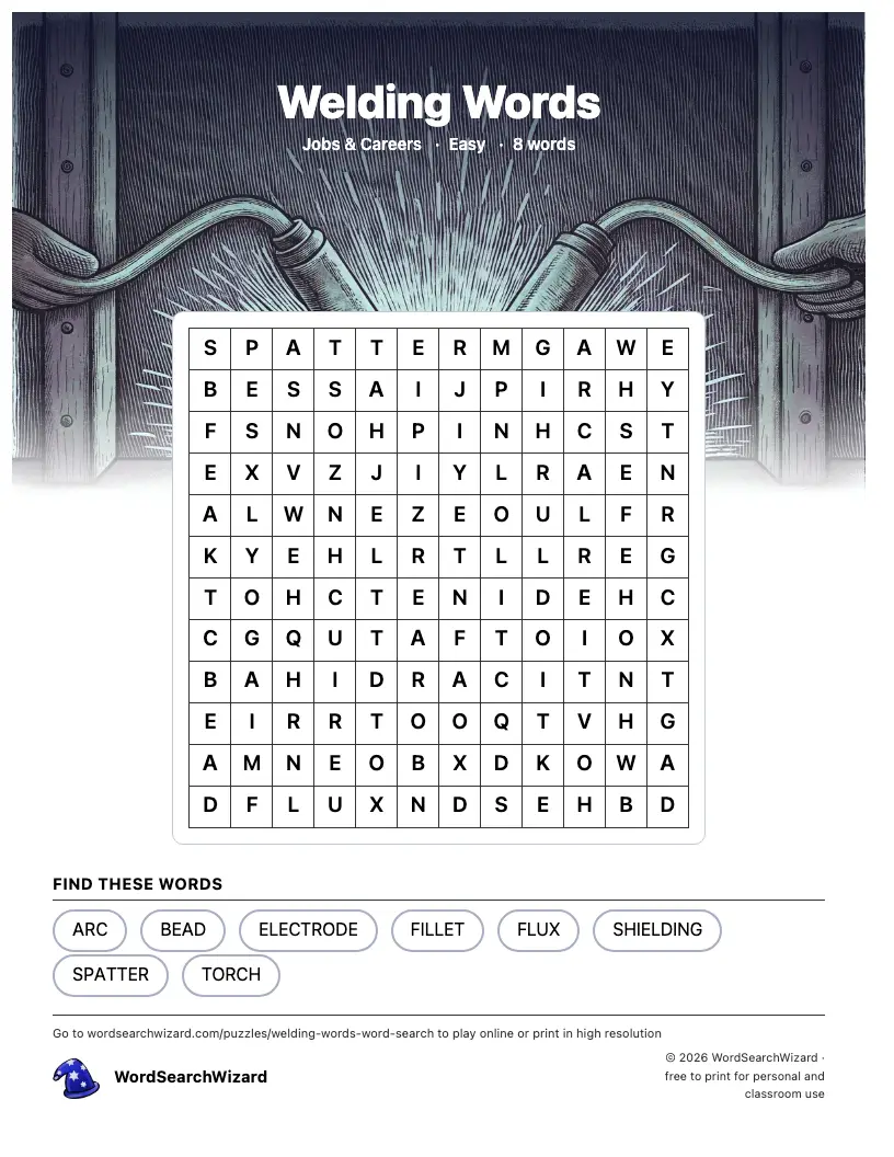 Welding Words word search printable sheet, 8 words to find