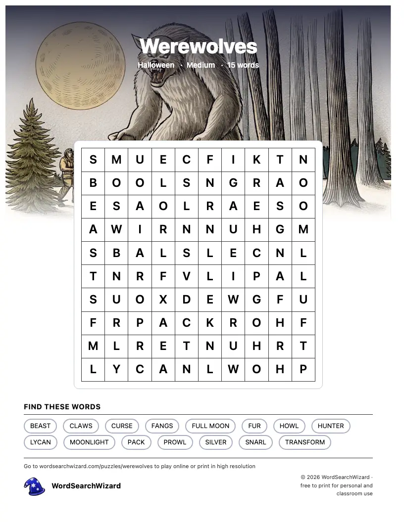 Werewolves word search printable sheet, 15 words to find