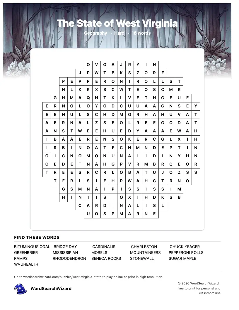 The State of West Virginia word search printable sheet, 16 words to find