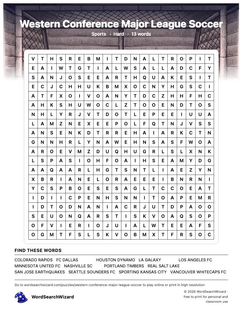 Western Conference Major League Soccer word search printable sheet, 13 words to find