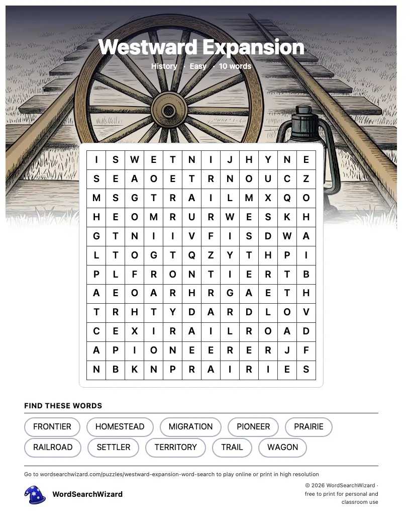 Westward Expansion word search printable sheet, 10 words to find