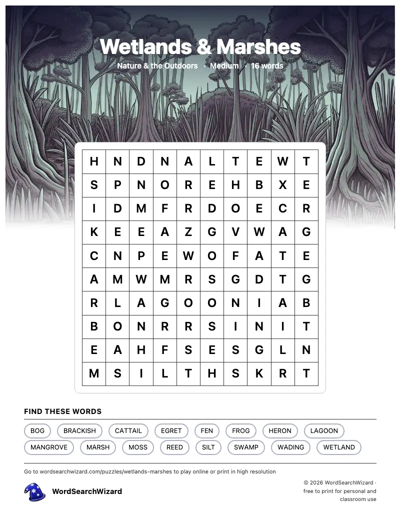 Wetlands & Marshes word search printable sheet, 16 words to find