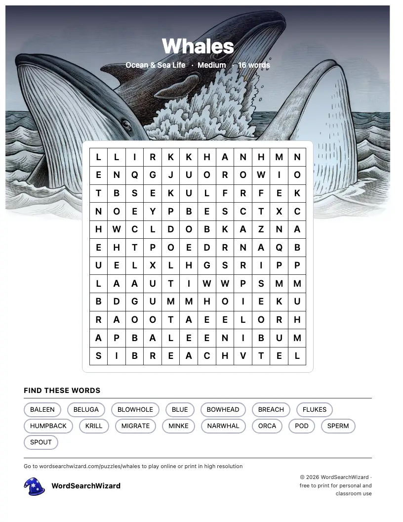 Whales word search printable sheet, 16 words to find