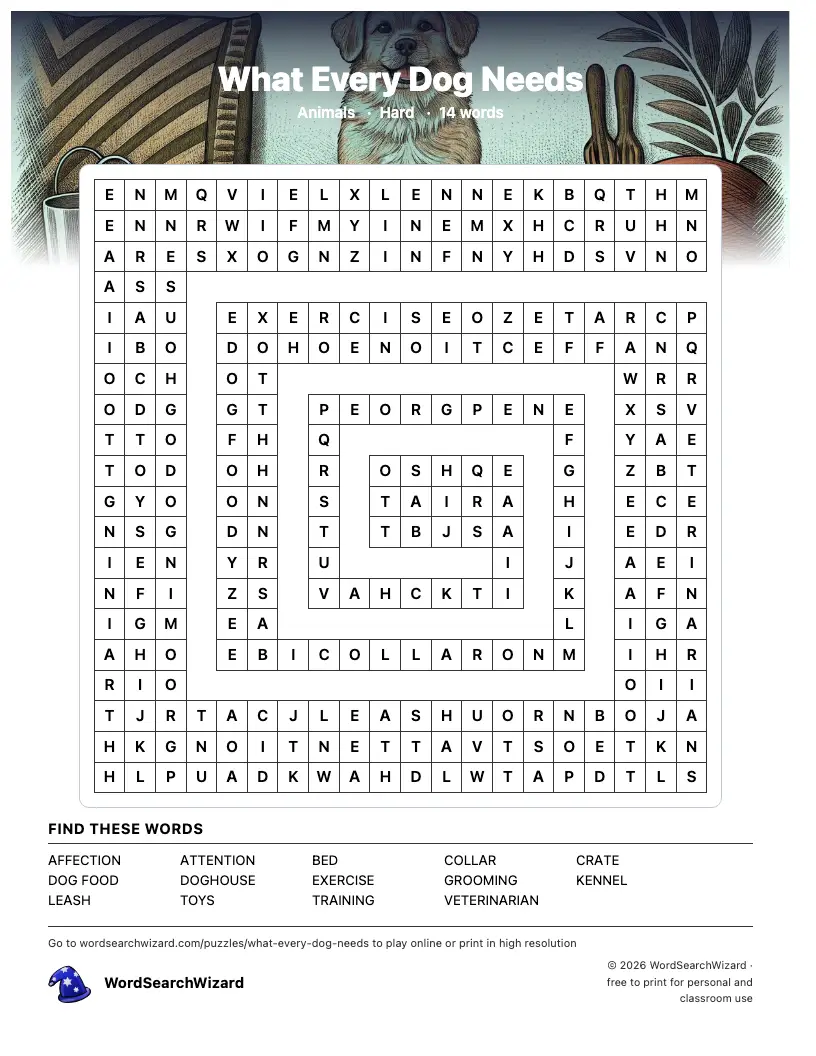 What Every Dog Needs word search printable sheet, 14 words to find