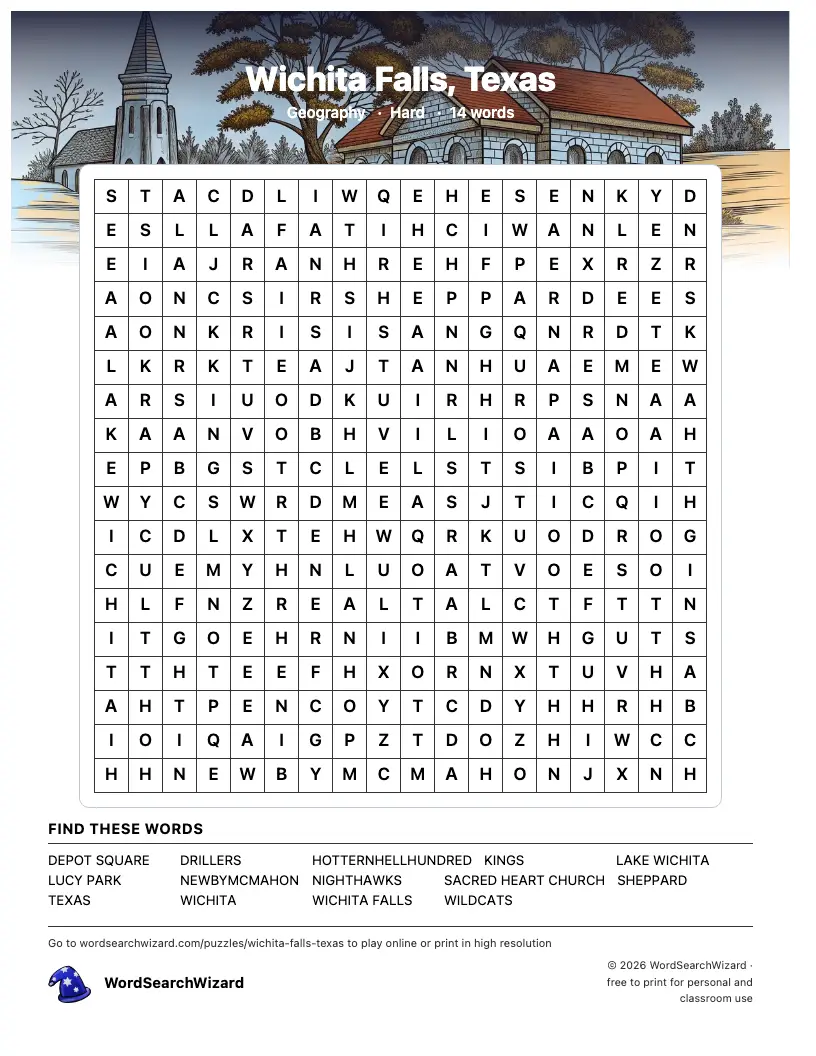 Wichita Falls, Texas word search printable sheet, 14 words to find