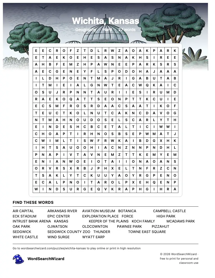 Wichita, Kansas word search printable sheet, 27 words to find