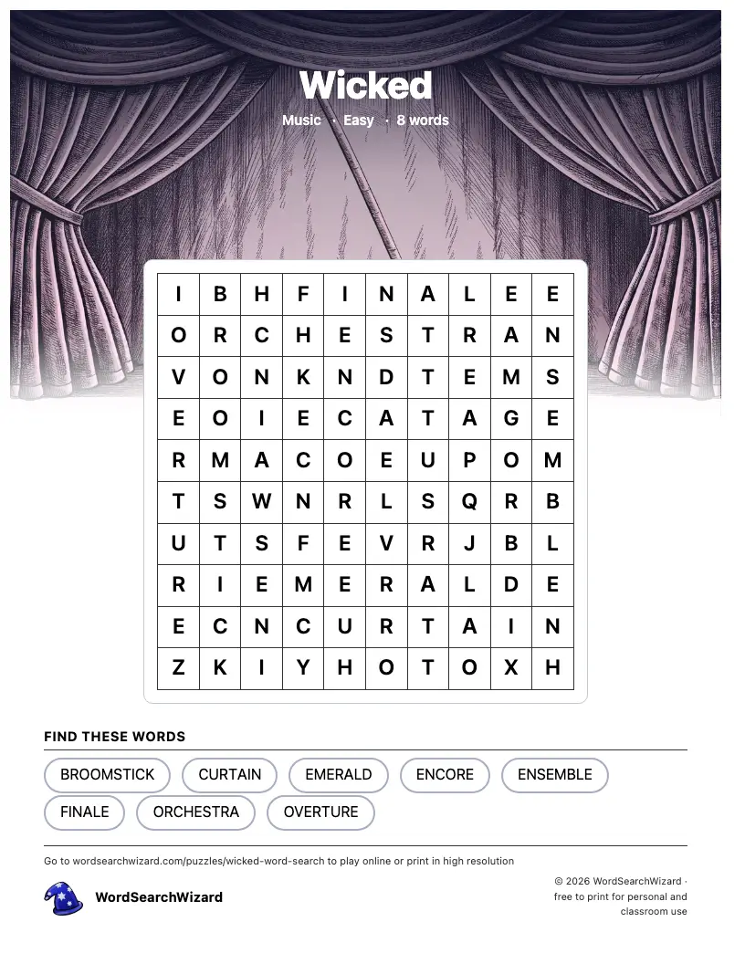 Wicked word search printable sheet, 8 words to find