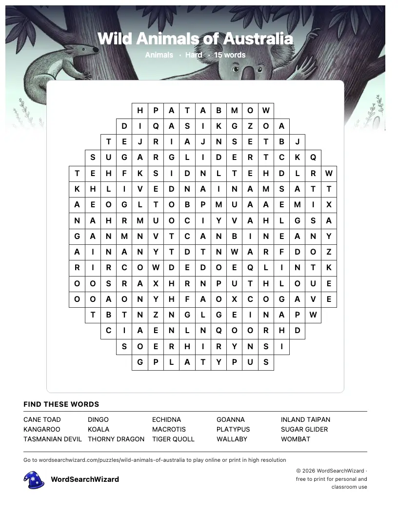 Wild Animals of Australia word search printable sheet, 15 words to find