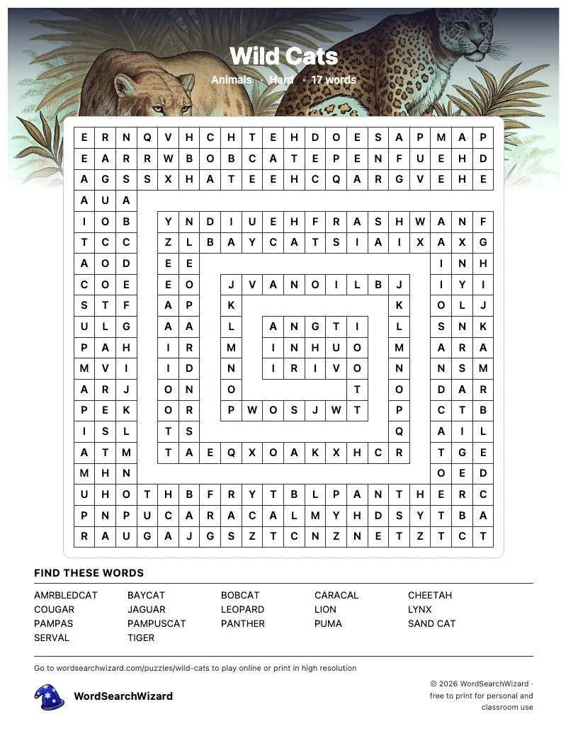 Wild Cats word search printable sheet, 17 words to find