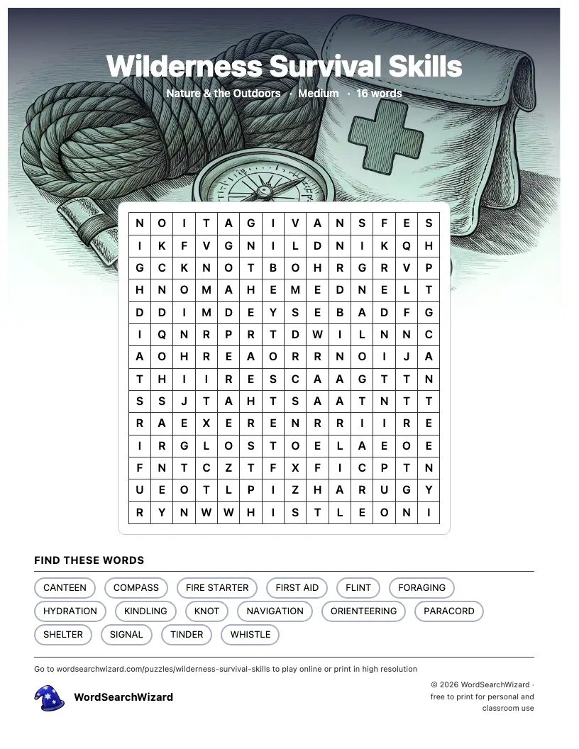 Wilderness Survival Skills word search printable sheet, 16 words to find