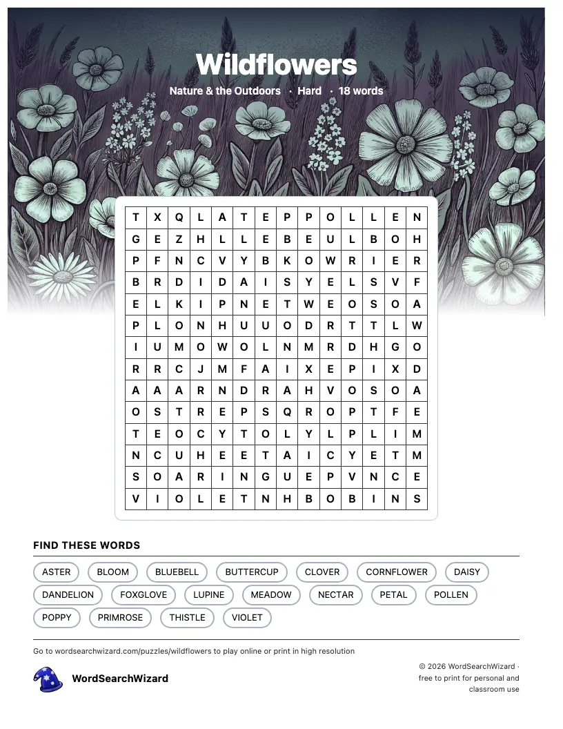 Wildflowers word search printable sheet, 18 words to find