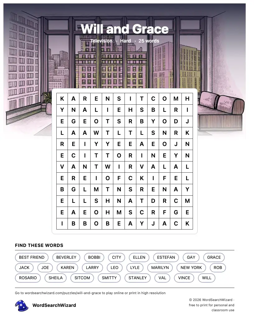 Will and Grace word search printable sheet, 25 words to find