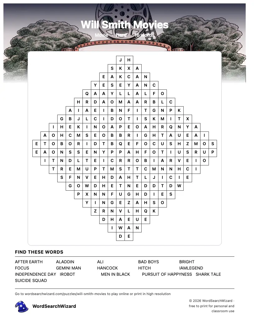 Will Smith Movies word search printable sheet, 16 words to find