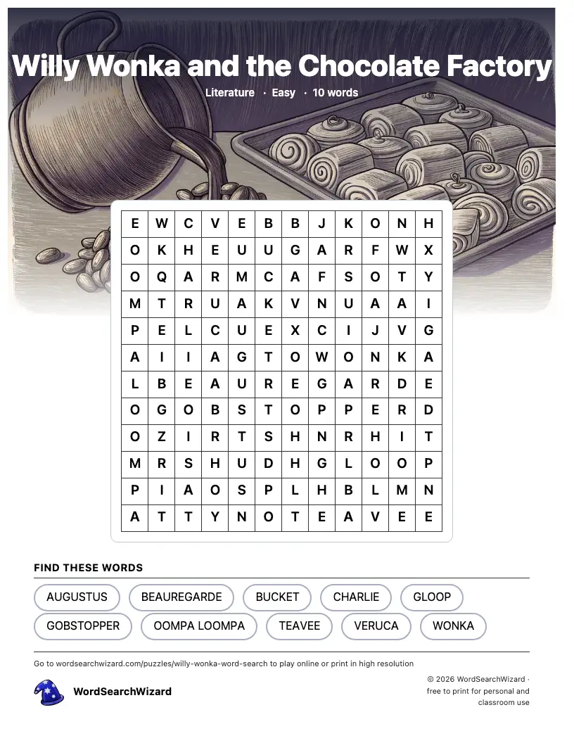 Willy Wonka and the Chocolate Factory word search printable sheet, 10 words to find