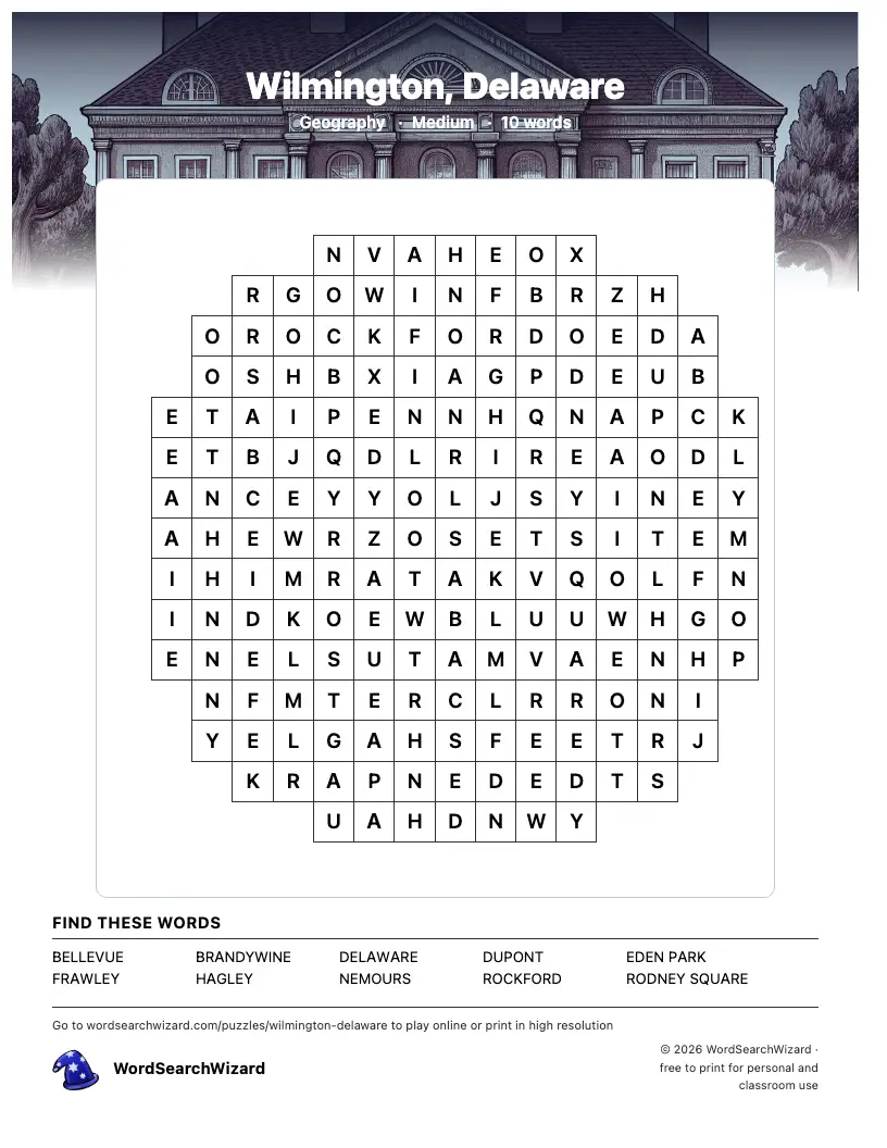 Wilmington, Delaware word search printable sheet, 10 words to find