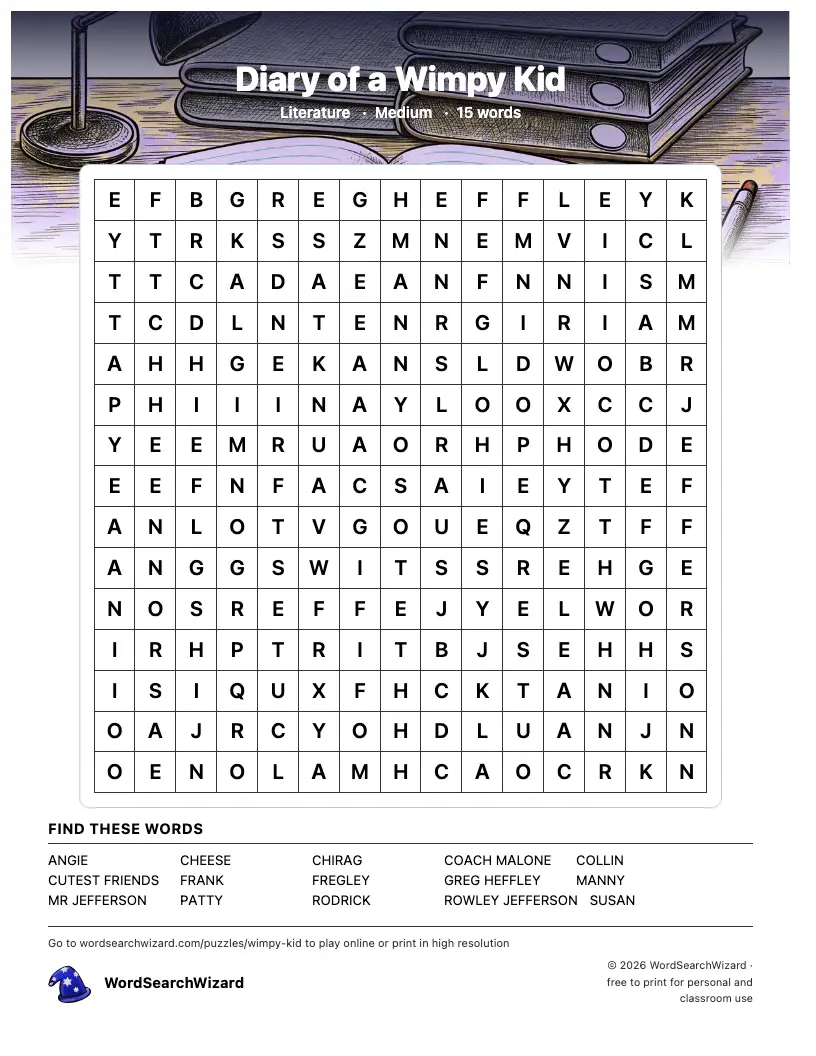 Diary of a Wimpy Kid word search printable sheet, 15 words to find