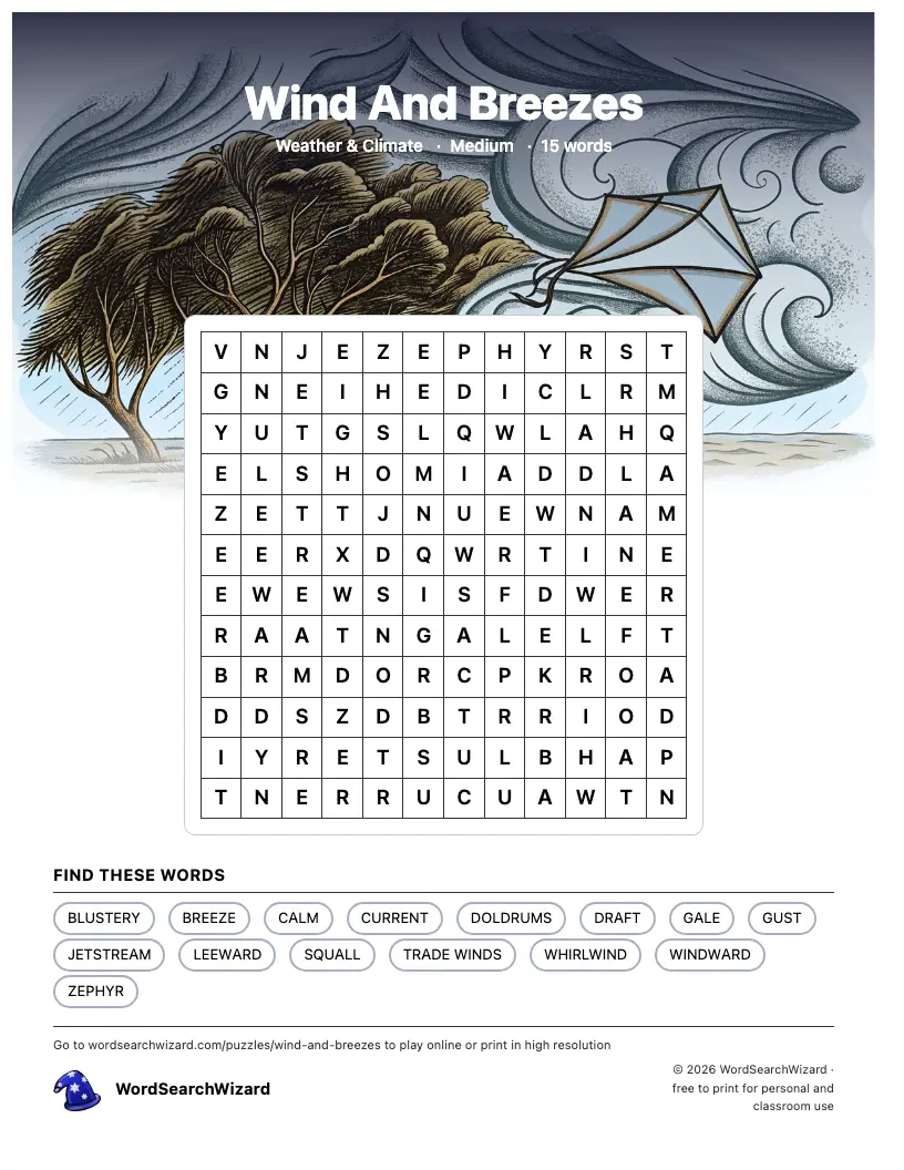 Wind And Breezes word search printable sheet, 15 words to find