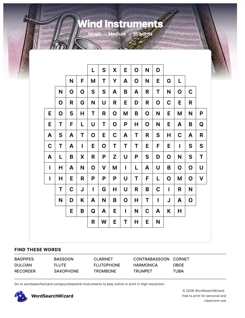 Wind Instruments word search printable sheet, 15 words to find