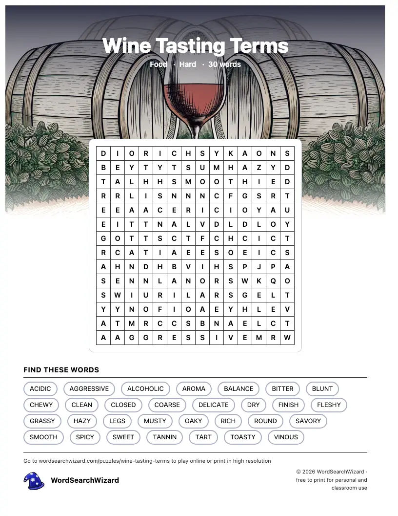 Wine Tasting Terms word search printable sheet, 30 words to find