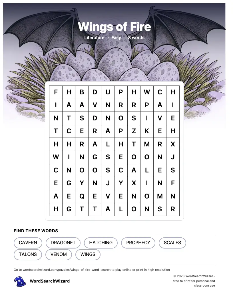 Wings of Fire word search printable sheet, 8 words to find