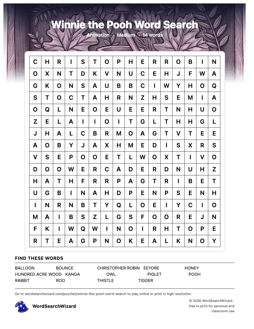 Winnie the Pooh word search printable sheet, 14 words to find