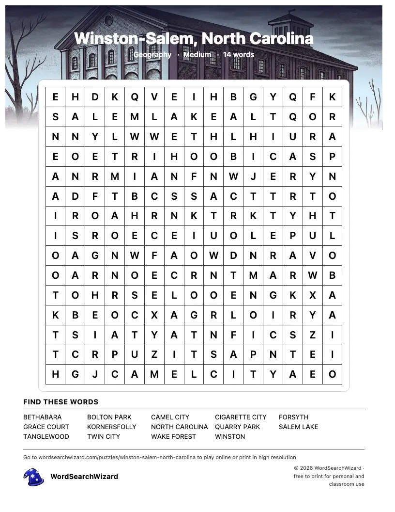 Winston-Salem, North Carolina word search printable sheet, 14 words to find