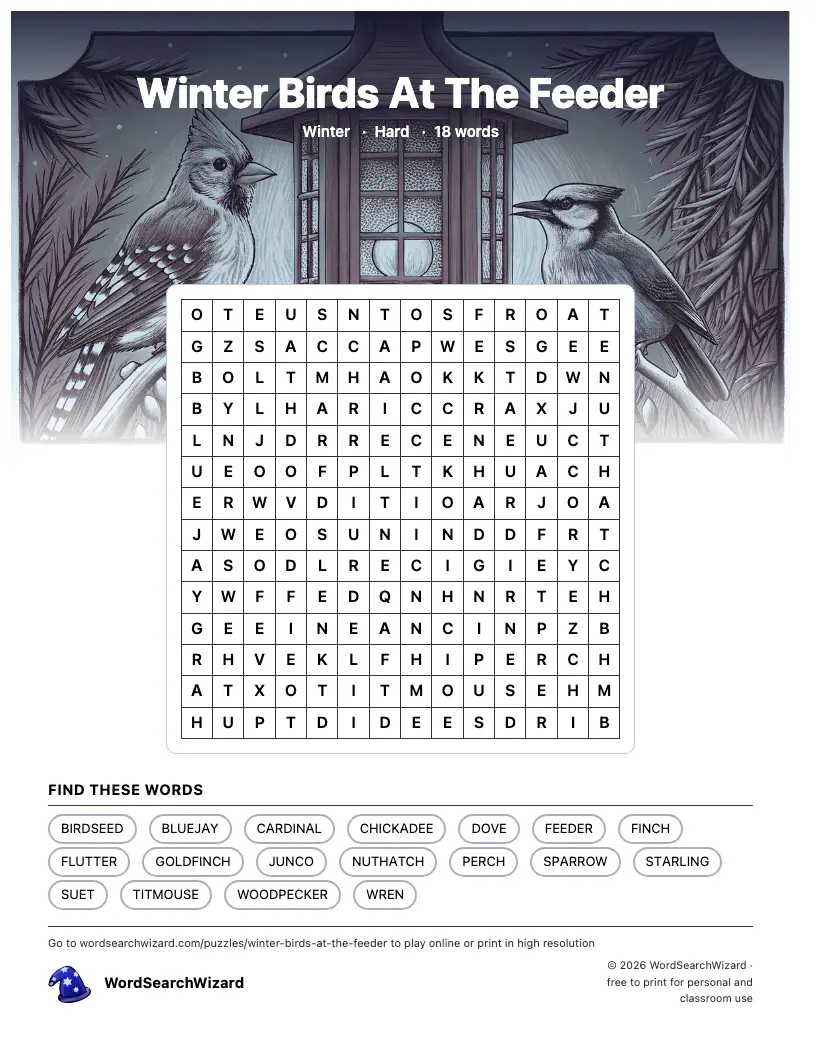 Winter Birds At The Feeder word search printable sheet, 18 words to find
