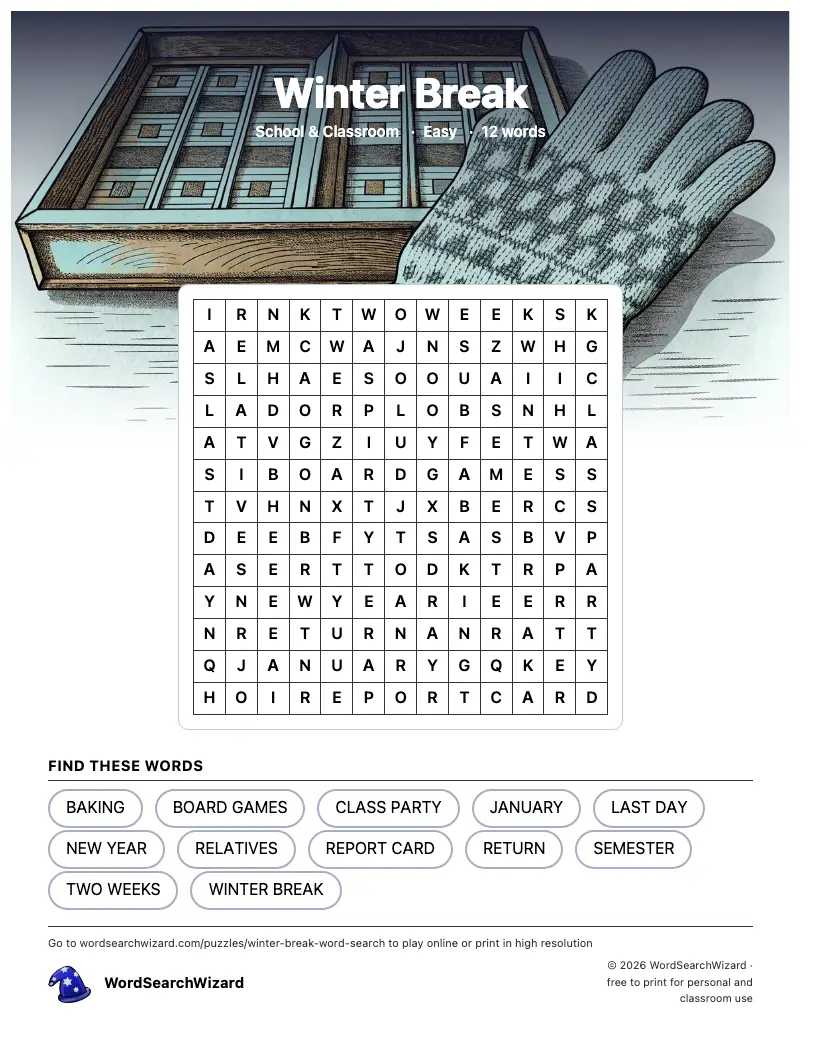 Winter Break word search printable sheet, 12 words to find