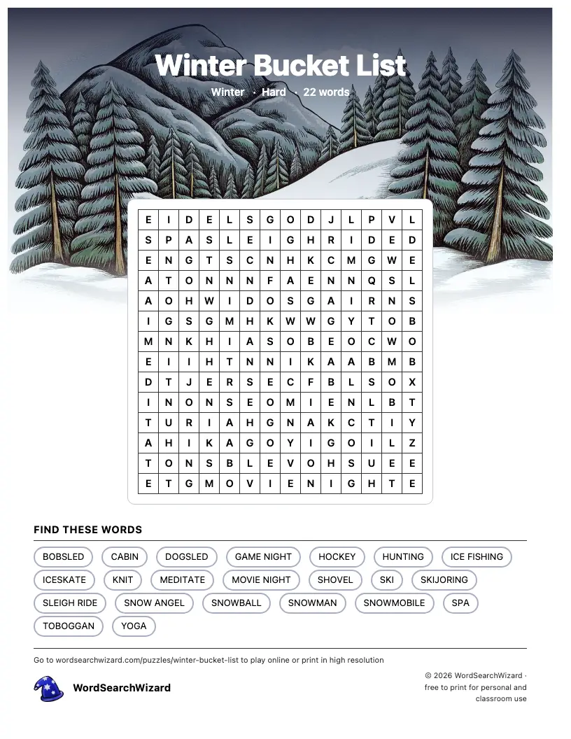 Winter Bucket List word search printable sheet, 22 words to find