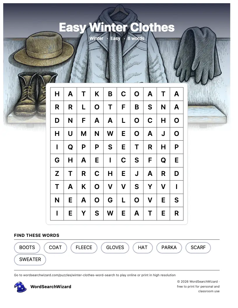 Easy Winter Clothes word search printable sheet, 8 words to find