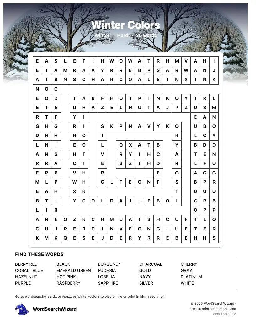 Winter Colors word search printable sheet, 20 words to find