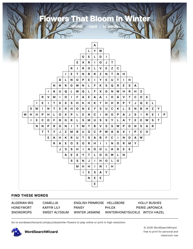Flowers That Bloom In Winter word search printable sheet, 15 words to find
