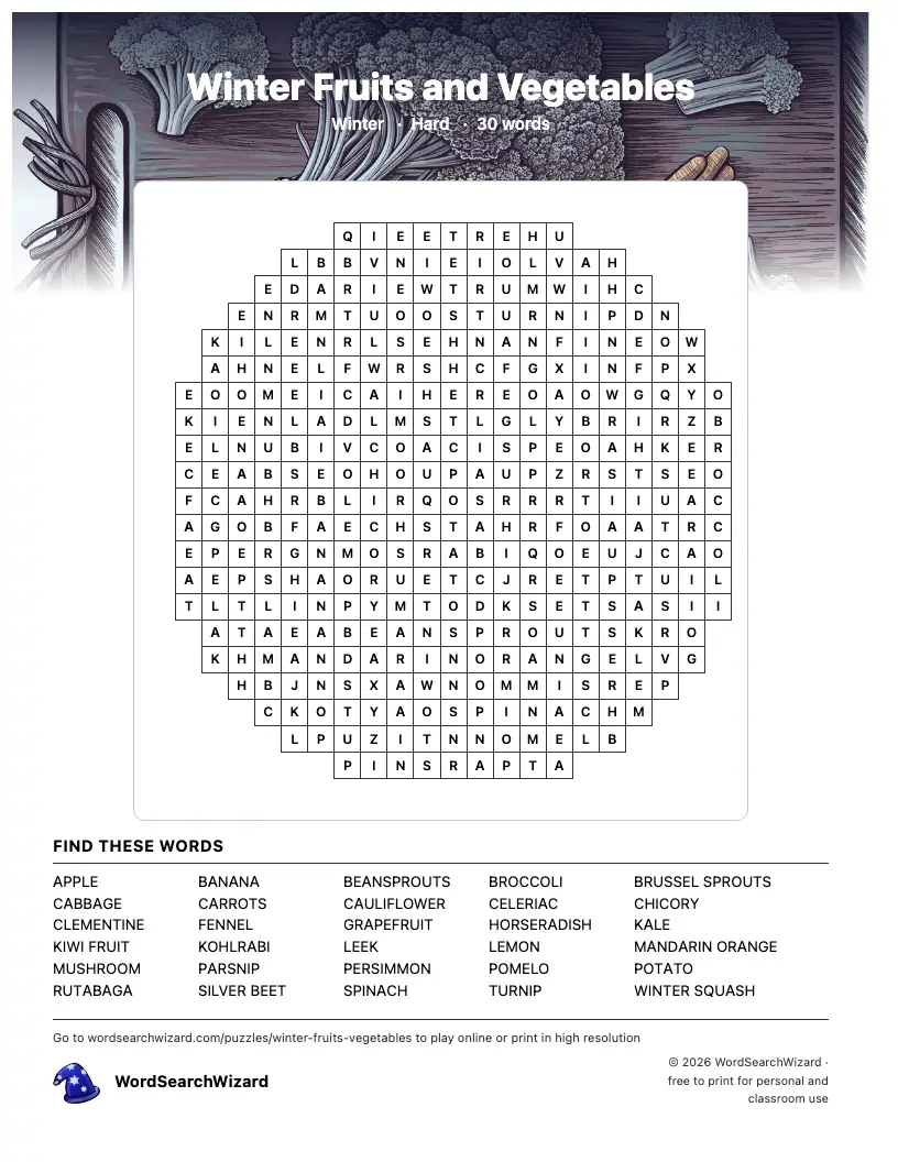 Winter Fruits and Vegetables word search printable sheet, 30 words to find