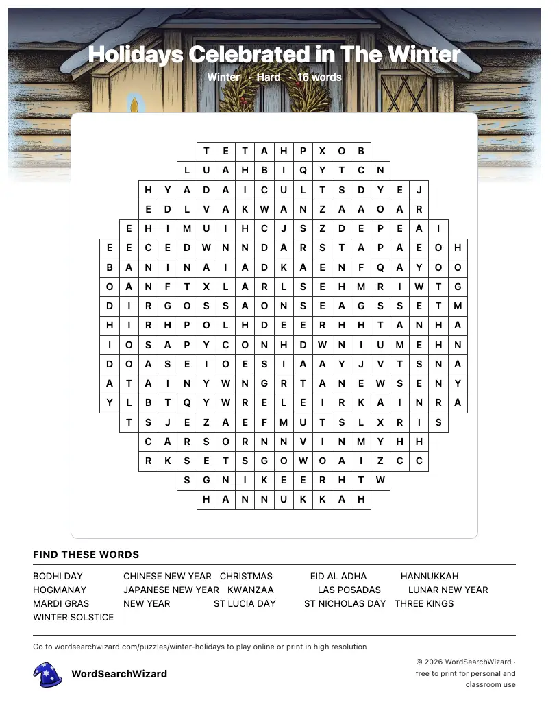Holidays Celebrated in The Winter word search printable sheet, 16 words to find